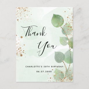 Birthday eucalyptus geenery glitter thank you postcard
