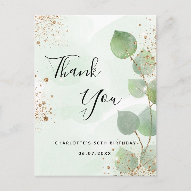 Birthday eucalyptus geenery glitter thank you postcard (Front)