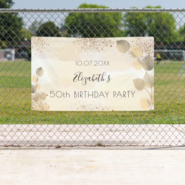 Birthday eucalyptus glitter gold monogram welcome banner (Insitu)