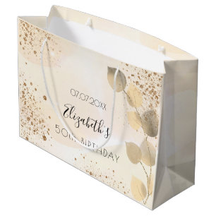 Birthday eucalyptus glitter golden monogram large gift bag