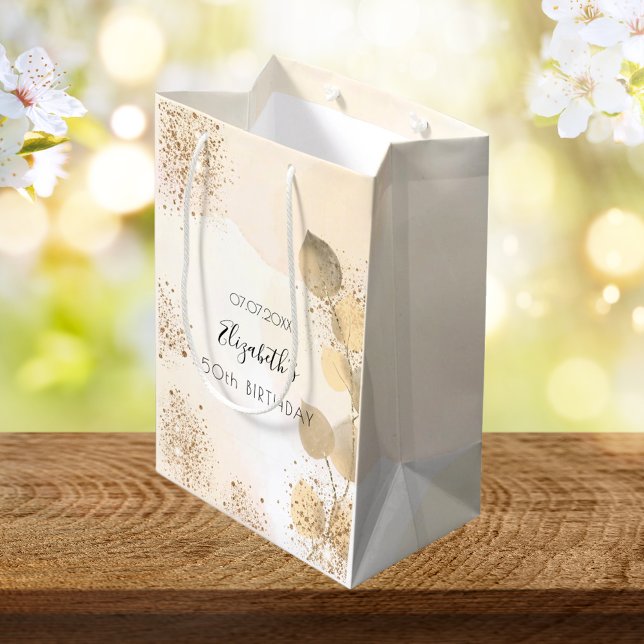 Birthday eucalyptus glitter golden monogram medium gift bag (Creator Uploaded)
