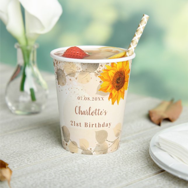 Birthday eucalyptus glitter sunflowers monogram paper cups (Insitu)
