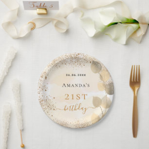 Birthday eucalyptus golden glitter monogram paper plate