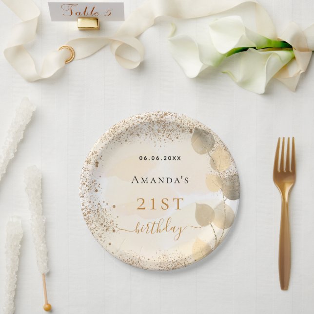 Birthday eucalyptus golden glitter monogram paper plate (Wedding)