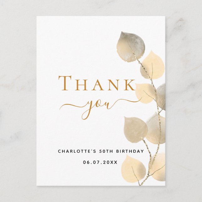 Birthday eucalyptus golden thank you  postcard (Front)