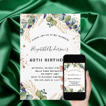 Birthday eucalyptus greenery glitter invitation<br><div class="desc">For a 40th (or any age) birthday party. A white background decorated with eucalyptus greenery and golden leaves. Decorated with faux golden glitter dots. Personalise and add your names and wedding details. Black and golden coloured letters.
Back: white background.</div>