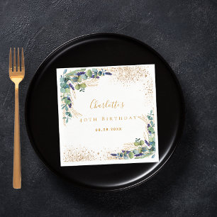 Birthday eucalyptus greenery glitter monogram napkin