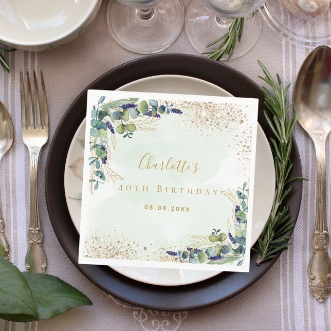 Birthday eucalyptus greenery glitter monogram napkin (Creator Uploaded)