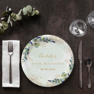 Birthday eucalyptus greenery glitter monogram paper plate