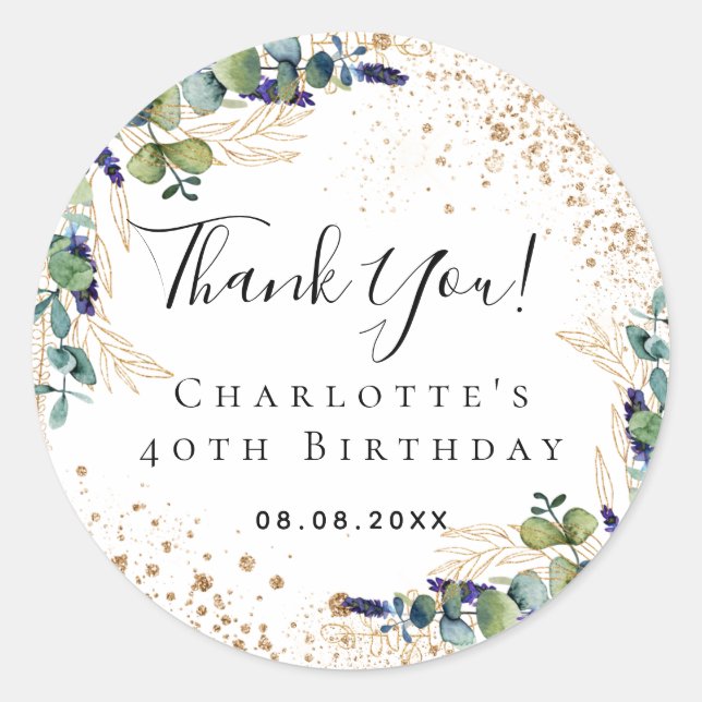 Birthday eucalyptus greenery glitter thank you classic round sticker (Front)