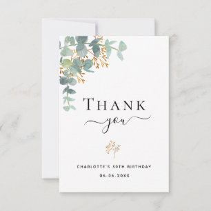 Birthday eucalyptus greenery gold elegant script thank you card