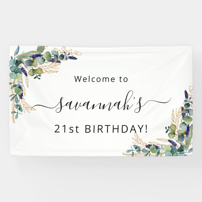 Birthday eucalyptus greenery gold monogram banner (Horizontal)