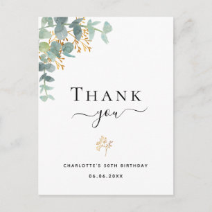 Birthday eucalyptus greenery gold thank you postcard