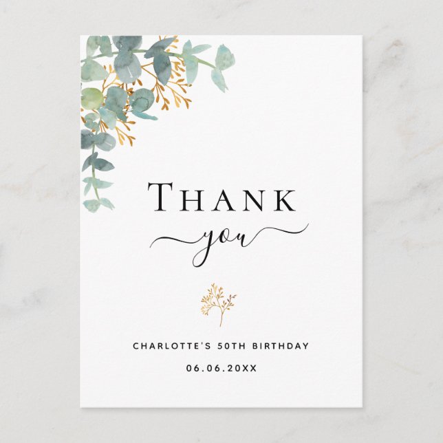Birthday eucalyptus greenery gold thank you postcard (Front)