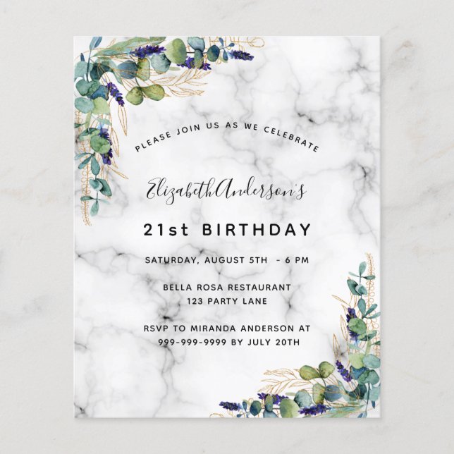 Birthday eucalyptus greenery marble invitation (Front)