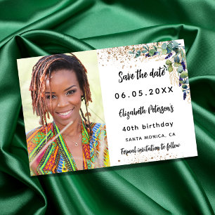 Birthday eucalyptus greenery photo save the date announcement postcard