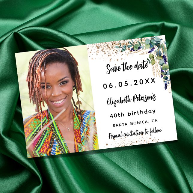 Birthday eucalyptus greenery photo save the date announcement postcard (Creator Uploaded)