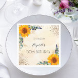 Birthday eucalyptus greenery sunflowers glitter napkin<br><div class="desc">A napkin for a girly and glamourous 50th (or any age) birthday party.  A stylish golden watercolored background decorated with sunflowers,  eucalyptus,  greenery,  golden foliage and faux gold glitter dust. Personalise and add a date,  name and age. The name is written with a modern hand lettered style script.</div>