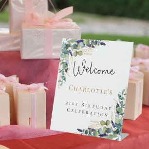 Birthday eucalyptus greenery welcome script pedestal sign