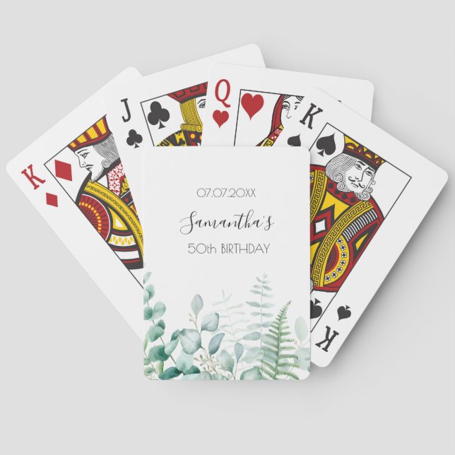 Birthday eucalyptus greenery woodland ferns name playing cards (Back)