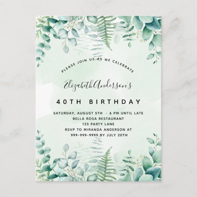 Birthday eucalyptus greenery woodland invitation postcard (Front)