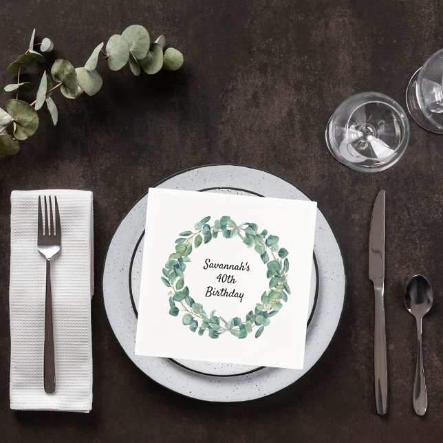 Birthday eucalyptus greenery wreath name elegant napkin (Creator Uploaded)