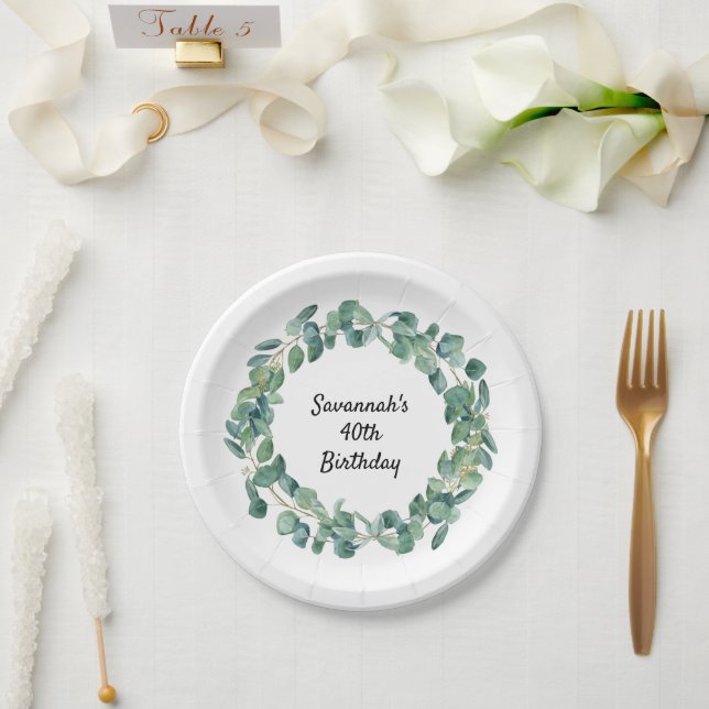 Birthday eucalyptus greenery wreath name elegant  paper plate (Wedding)