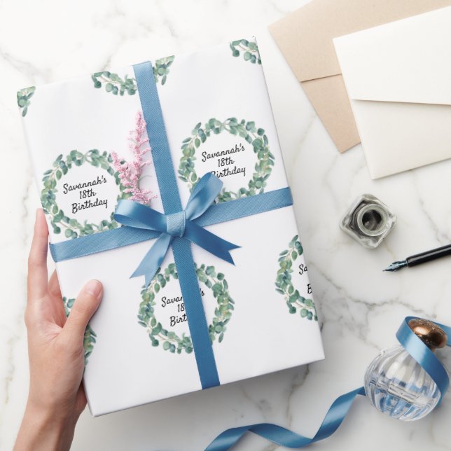 Birthday eucalyptus greenery wreath name script wrapping paper (Gifting)