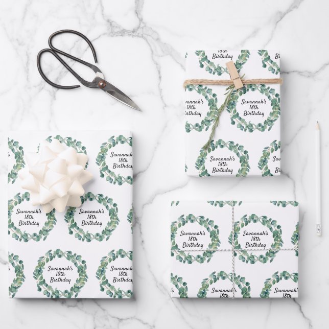 Birthday eucalyptus greenery wreath name script wrapping paper sheet (Front)