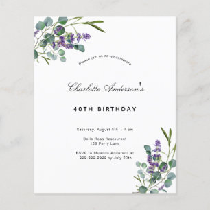 Birthday eucalyptus lavender budget invitation flyer