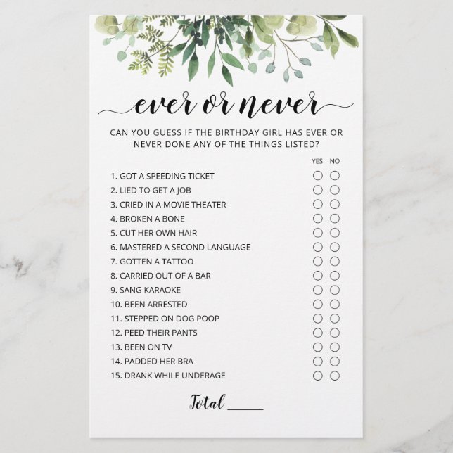 Birthday Ever or Never Birthday Party game (Front)