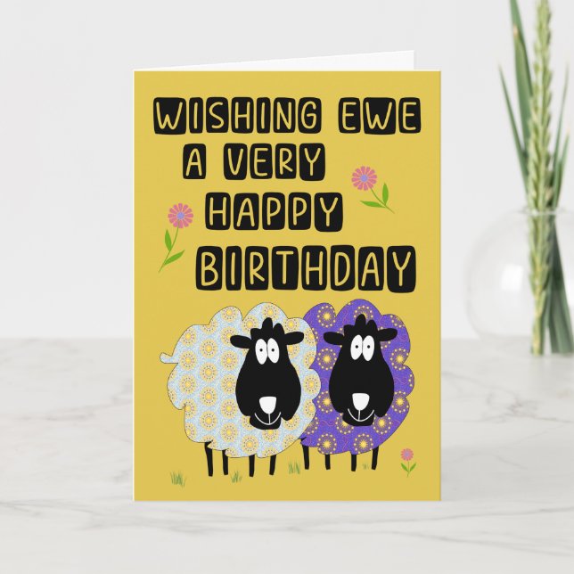 Birthday Ewe Sheep and Flowers Card (Front)