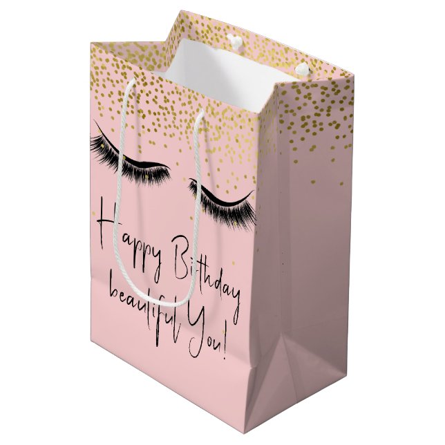 Birthday Eyelashes with Gold Glitter Medium Gift Bag (Front Angled)