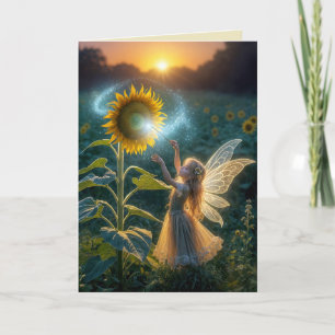 Birthday Fairy Girl Casting a Spell On a Sunflower Card