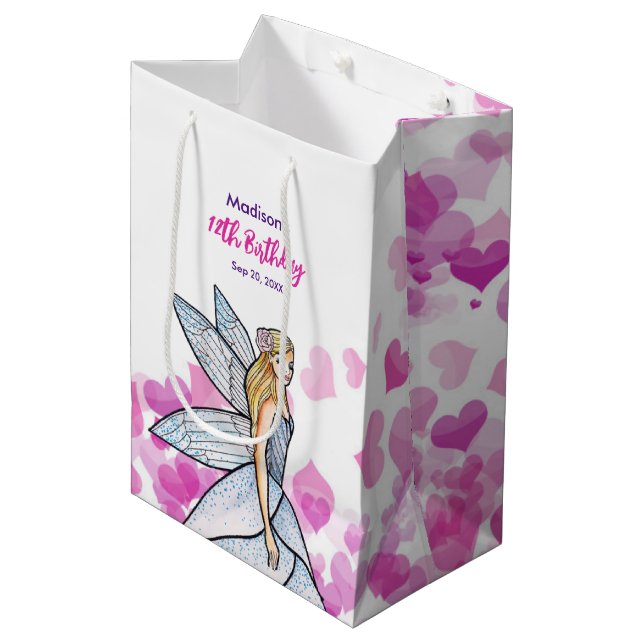 Birthday Fairy Princess Pink Hearts Fashion Sketch Medium Gift Bag (Front Angled)