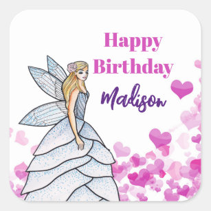 Birthday Fairy Princess Pink Hearts Fashion Sketch Square Sticker