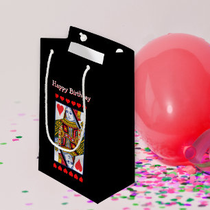 Birthday Fancy Red Heart Queen Playing Card Black Small Gift Bag