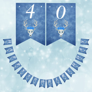 Birthday Fantasy White Deer Head Roses Misty Blue Bunting