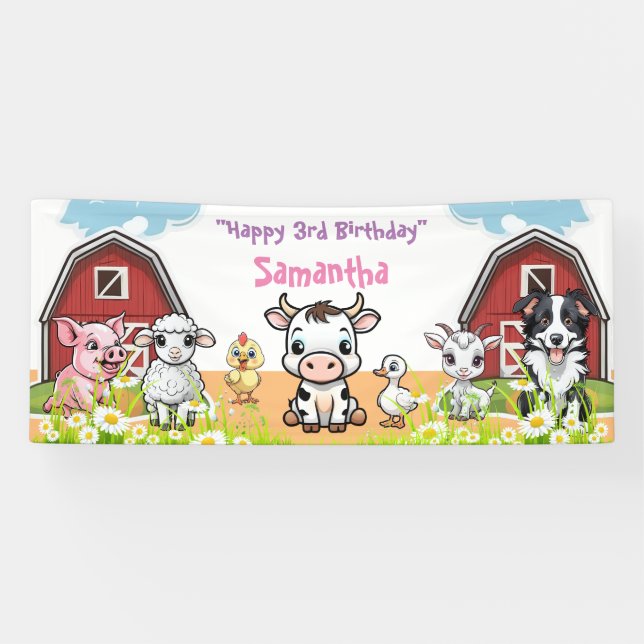Birthday Farm Animal Red Barn and Daisies Party Banner (Horizontal)
