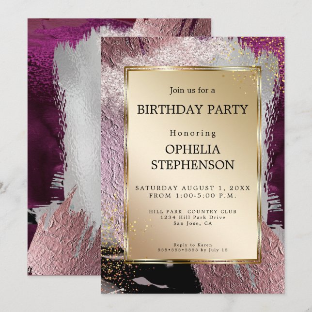 Birthday | Faux Metallic Gold Plum Merlot Strokes Invitation (Front/Back)