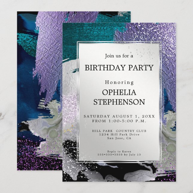 Birthday | Faux Metallic Silver Lilac Aqua Invitation (Front/Back)