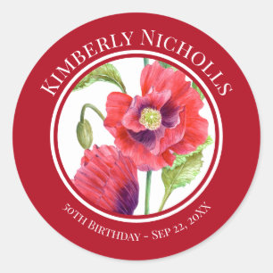 Birthday Favour Red Poppies Floral Circle Classic Round Sticker