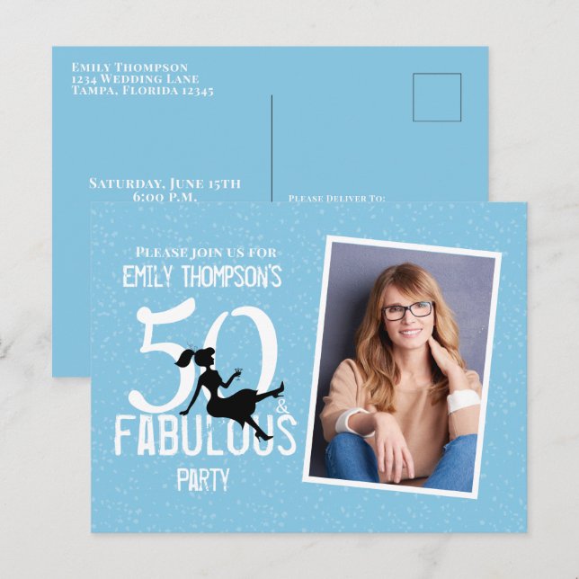 Birthday Fifty and Fabulous Modern Photo Cocktails Postcard (Front/Back)