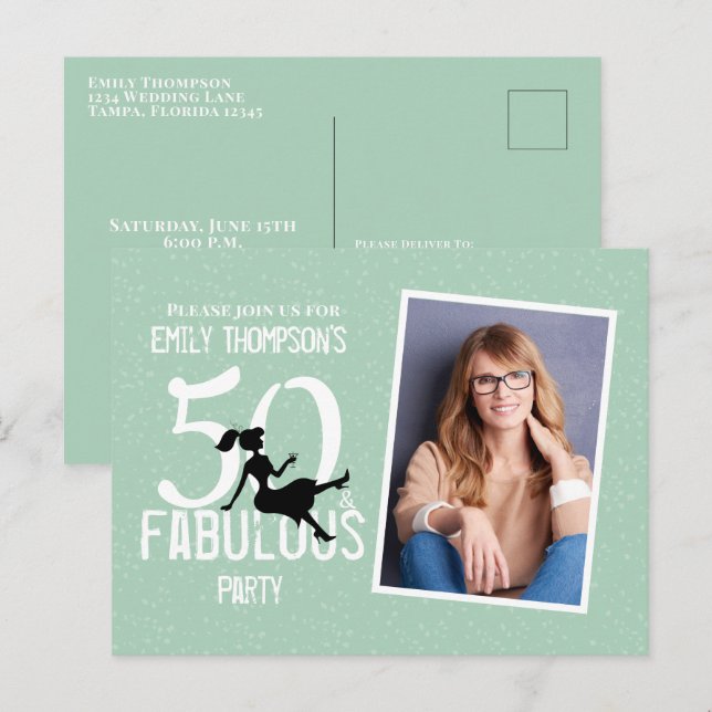 Birthday Fifty and Fabulous Photo Modern Cocktails Postcard (Front/Back)