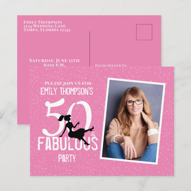 Birthday Fifty and Fabulous Photo Pink Cocktails Postcard (Front/Back)