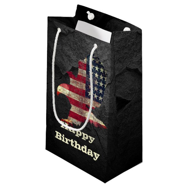 Birthday Flag and Bald Eagle on Black Rock Small Gift Bag (Front Angled)