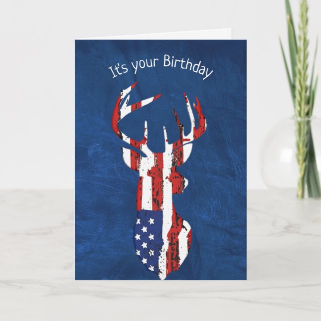 Birthday Flag Deer On Blue Leather Card (Front)