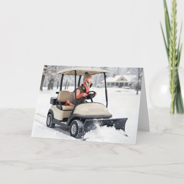 Birthday Flamingo Driving Golf Cart With Snowplow Card (Front)