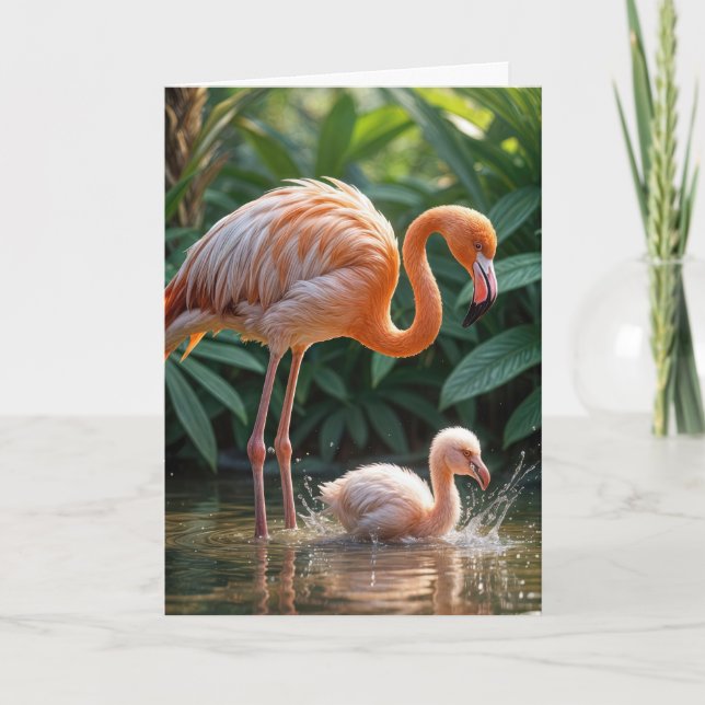 Birthday Flamingo Mother and Chick Card (Front)