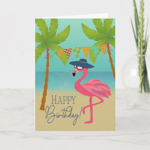 Birthday Flamingo on the Beach Card